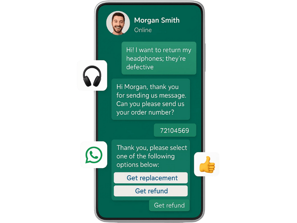 Customer browsing, enquiring and ordering from a catalogue inside WhatsApp
