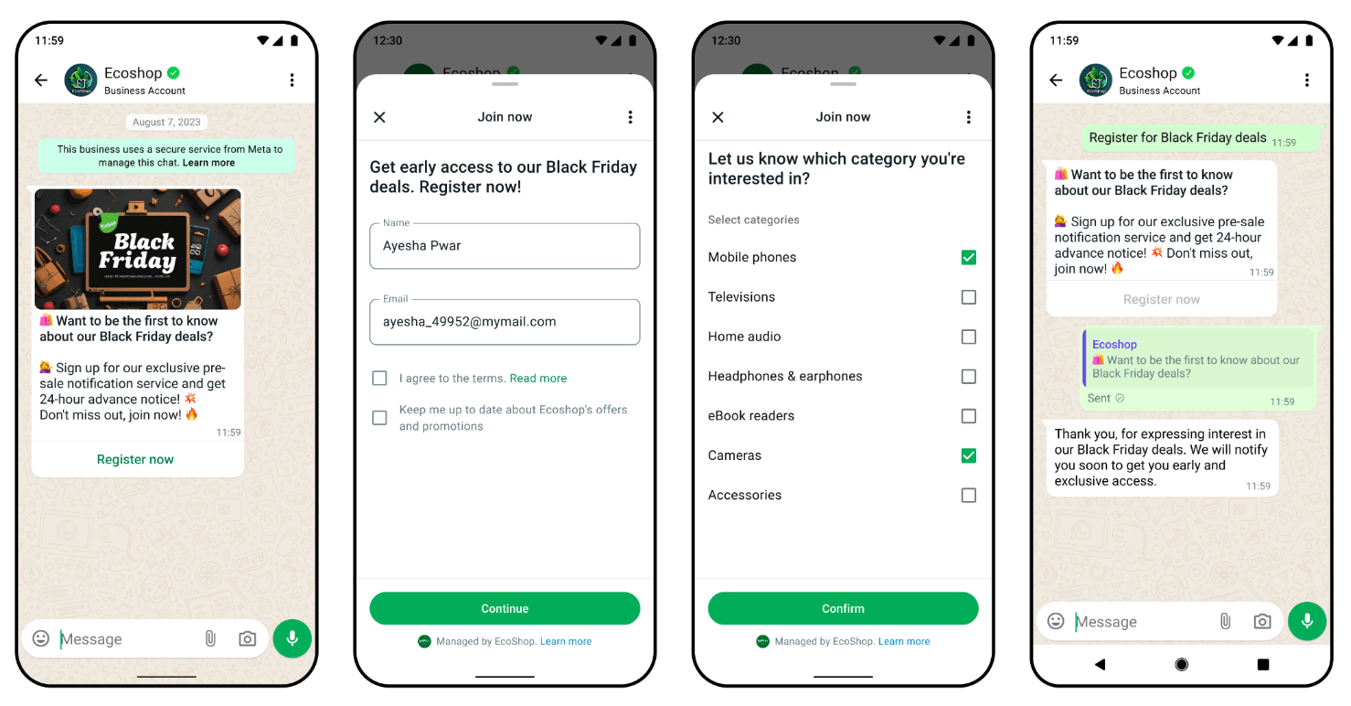 Step-by-step illustration of how WhatsApp Forms collect customer data